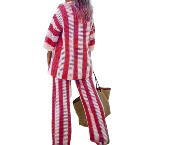 Chic Vibe Women's Knitted Striped Lounge Set – V-Neck Hollow Top & Wide Leg Pants