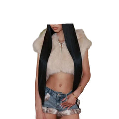 Cropped Faux Fur Jacket  Zip-Up Hooded Sleeveless Midriff-Baring Top