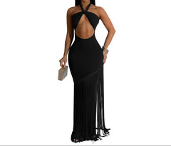 Black Women's Twist Knot Strapless High Waist Tassel Maxi Dress Elegant Temperament