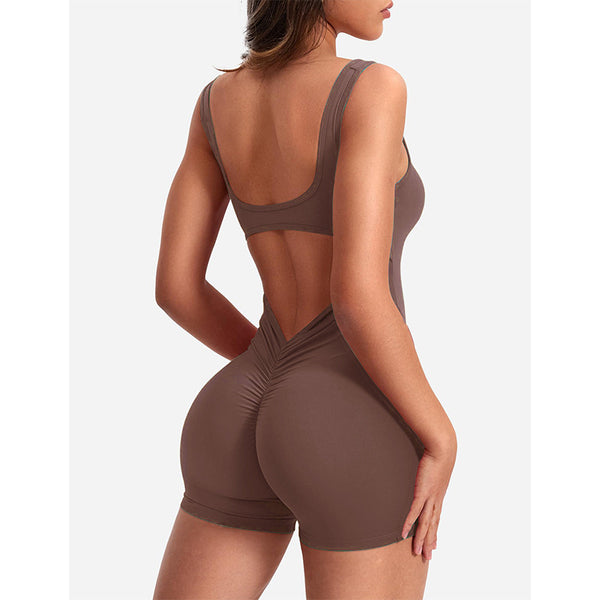 Brown Women's Backless Yoga Jumpsuit Slim Fit Workout Romper Shorts