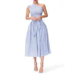 Women's One Shoulder Striped Midi Dress with Pockets Summer Bodycon Style