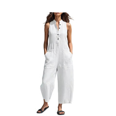 White Women's Wide Leg Cropped Pants Loose Waist Sleeveless Jumpsuit
