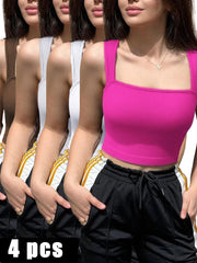 4-Pack Women’s Square Neck Sports Bra Longline Tank Tops with Built-In Bra for Yoga, Workout & Everyday Wear