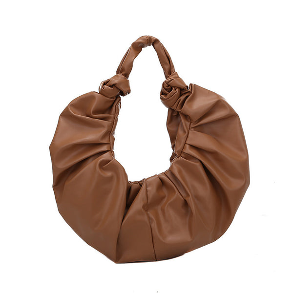 Brown Large Women's Trendy Ruched Faux Leather Oval Shoulder Stylish & Versatile Handbag