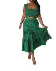 Green Women's Summer Cropped Top & Maxi Skirt Set  Beach Vacation 2-Piece Look