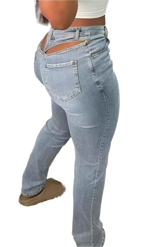 Light Blue High Waist Washed Denim  Jeans - Sexy Zipper Button Fit