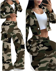 Camouflage Women’s Travel Cargo Pant Set Lightweight 2-Piece Airport Outfit with Pockets
