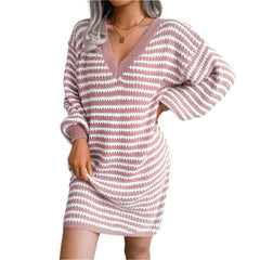 Versatile Striped V-Neck Long Sleeve Sweater Top for Women - Wear as a Dress!