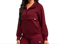 Burgundy Women's Long Sleeve Medical Uniform Jacket Professional Dentist Scrub Coat