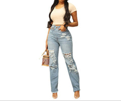 Women’s Washed High Waisted Ripped Jeans Straight Leg Premium Fit
