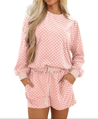 Pink Cozy Women’s Two-Piece Loungewear Houndstooth Print Short Set