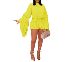 Summer Yellow Pleated Long Sleeve Romper Women’s Chic Style