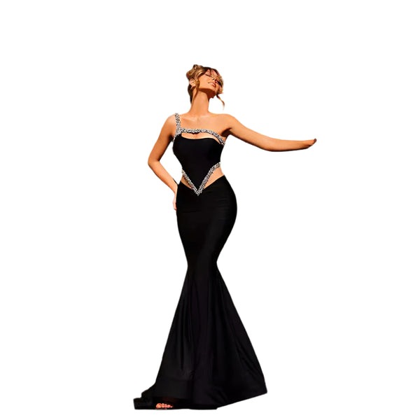 Women's Rhinestone Black One Shoulder Sheer Cut-Out Maxi Dress Elegant Illusion Design for Special Occasions