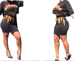 Black Flame Mesh Crop Top & Skirt Set Sexy Sheer Two-Piece Outfit for Women