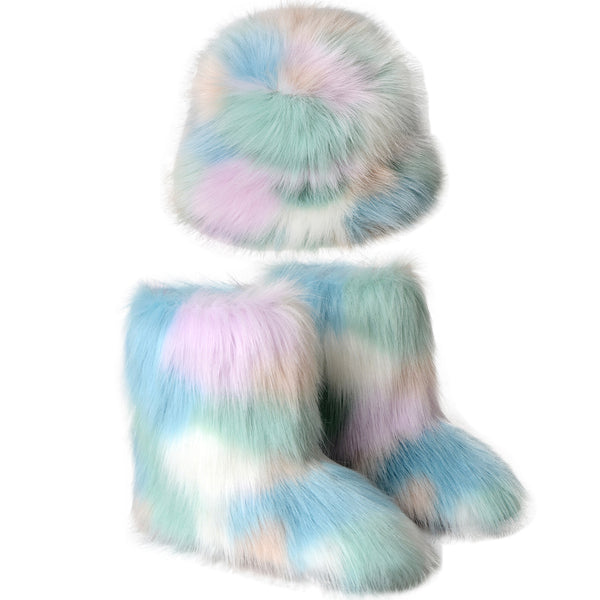 Women's Warm Plush Boots & Colorful Fur Bucket Hat Set – Cozy Winter Footwear & Hat Combo