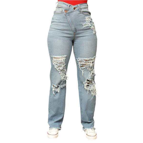 Summer Women’s Washed High Waisted Ripped Jeans Straight Leg Premium Fit