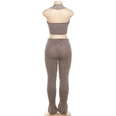 Backless Halter Top & Straight Leg Pant Set Ruched Slinky Style