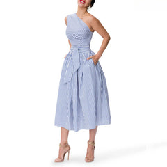 Women's One Shoulder Striped Midi Dress with Pockets Summer Bodycon Style