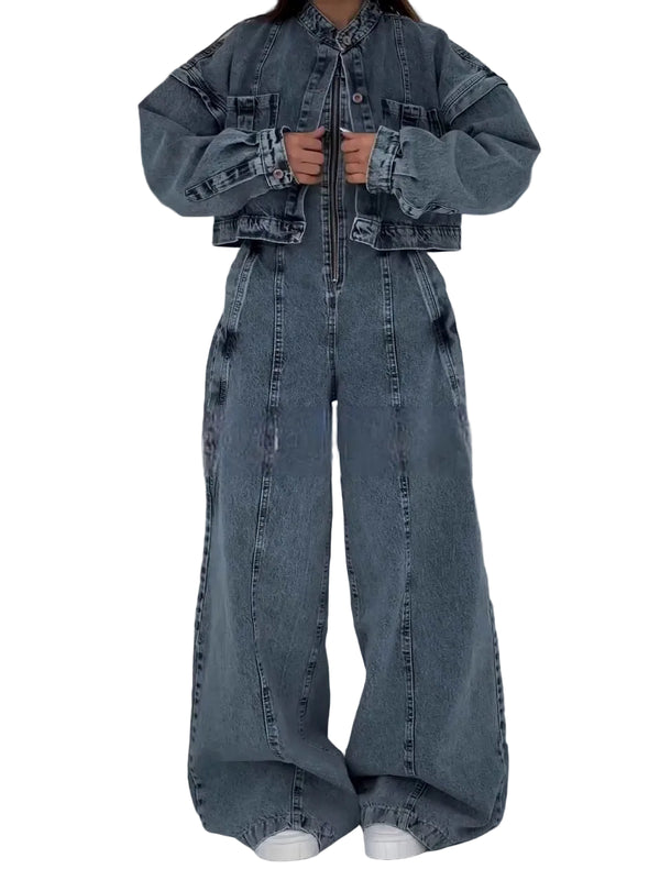 Women’s Denim Wide Leg Strapless Jumpsuit with Crop Jacket Set