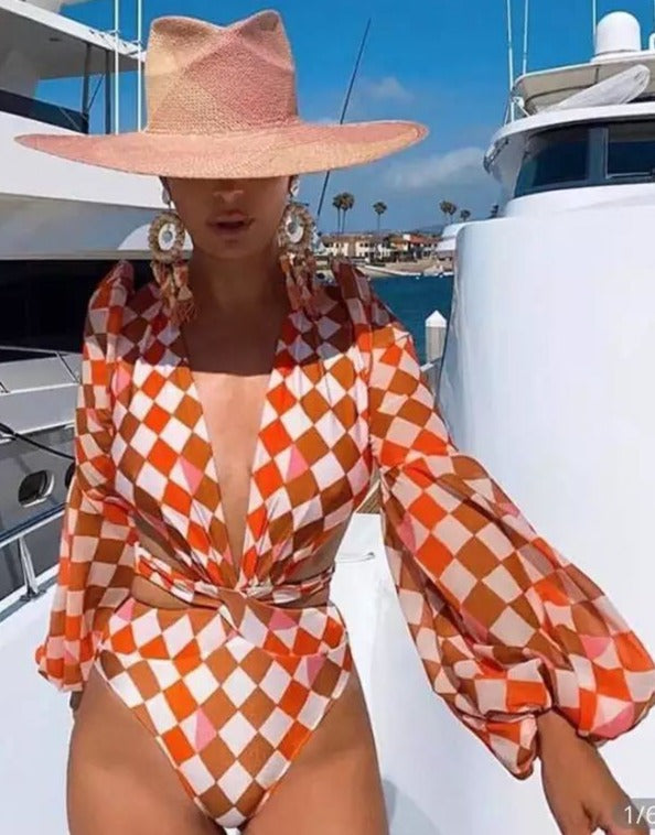 Stylish Rhombus Plaid One-piece Swimsuit for Women - Belly Cover Design