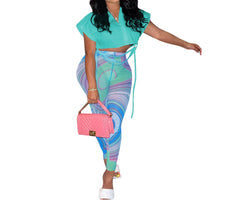 Blue Women's Sheer Two Piece Pant Set Casual Summer Outfit with Crop Top & Front Knot