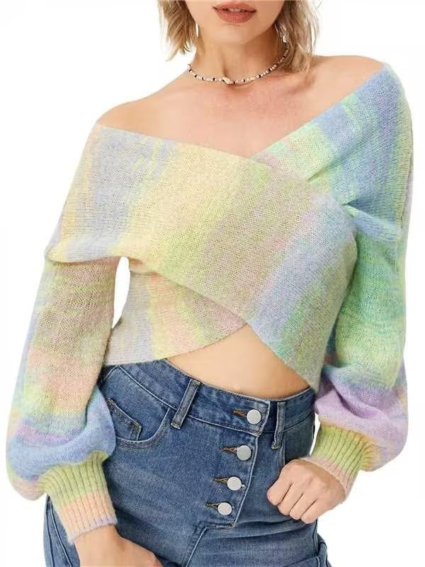 Women’s Off-the-Shoulder Ribbed Wrap Sweater Chic Multi-Color Knit Pullover Top