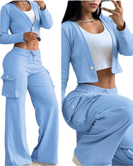 Blue Plus Size Women’s Travel Cargo Pant Set Lightweight 2-Piece Airport Outfit with Pockets