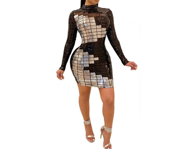Sparkle All Night: Long Sleeve Mesh Sequin Party Mini Dress - Shop Now!"