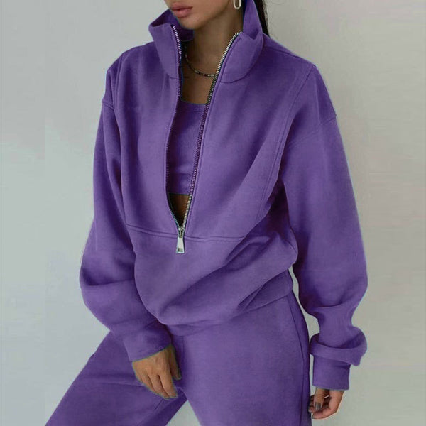Purple Women’s Velour Tracksuit Set – 2 Piece Half-Zip Pullover & Cargo Pants Lounge Outfit