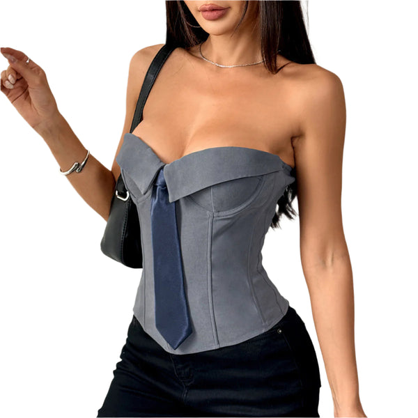 Women's Strapless Corset Bandeau Top  Solid Color Tube Top with Tie Front Design
