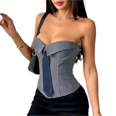 Women's Strapless Corset Bandeau Top  Solid Color Tube Top with Tie Front Design