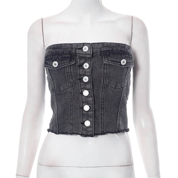 Trendy Tatter Denim Button Tube Top