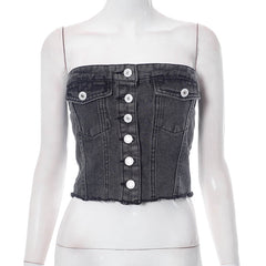 Trendy Tatter Denim Button Tube Top