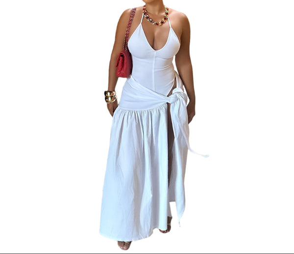 White Spring /Summer Women's Stylish High Waist Bodycon Design  Knotted Slit Skirt Set