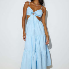 Light Blue Vacation Backless V-Neck Midi Dress for Women Elegant Slit Cocktail Dress