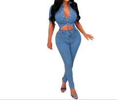 Women’s Slim Fit Denim Jumpsuit – Short Sleeve Casual One-Piece Romper