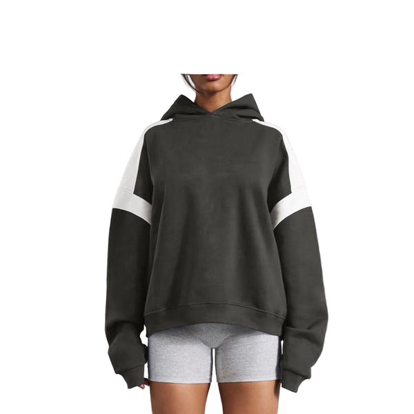 Dark Gray Fall Women's Oversized Fleece Lounge Hoodie Contrast Stripe Pullover Sweatshirt