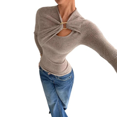 Khaki Women’s Asymmetrical Long-Sleeve Slim Fit Top