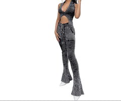 Backless Halter Top & Straight Leg Pant Set Ruched Slinky Style