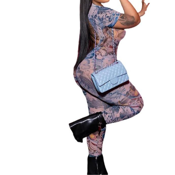 Stylish Printed Sheer Mesh Backless Jumpsuit  Perfect for Nights Out