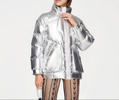 Silver Women's Metallic Down Puffer Coat  Stand Collar & Multi-Pocket Winter Jacket