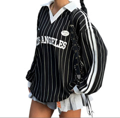 Black Women's Sporty Oversized Striped Knit Tee  Slubby Cotton Graphic Number T-Shirt