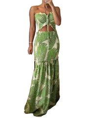 Plus Size Green Women's Printed Patchwork Maxi Dress Sleeveless Elegant Strap Dress for Work, Casual & Summer Wear