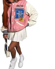 Women's Autumn Casual Color Blocked Baseball  Coat - Fashion Print Jacket