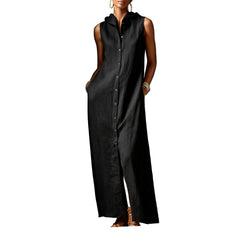 Black Plus Size Linen Hooded Dress with Pockets Women's Sleeveless Summer Maxi Dress