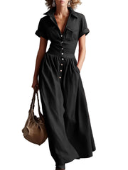 Black Women's Pleated Short Sleeve Maxi Dress Elegant Flowing Airflow Long Dress