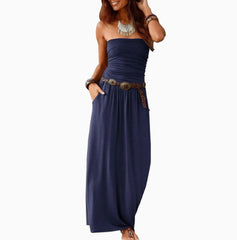 Dark Blue West Keys Solid Strapless Tube Top Maxi Dress Summer Long Dress for Women