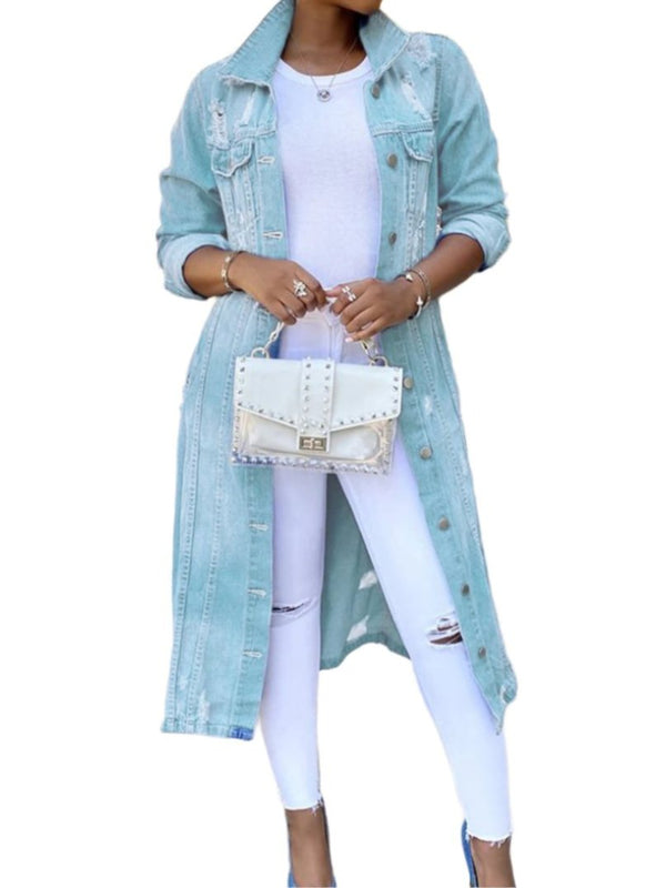 Women's Casual Denim Long Trench Coat  Fashionable Outerwear