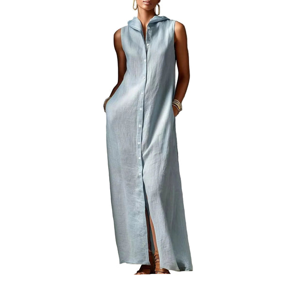 Blue Linen Hooded Dress with Pockets Women's Sleeveless Summer Maxi Dress