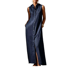 Navy Blue Linen Hooded Dress with Pockets –Women's Sleeveless Summer Maxi Dress